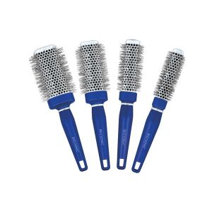 A set of four blue brushes with white bristles.