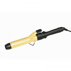 A hair curling iron with a black handle and yellow handle.