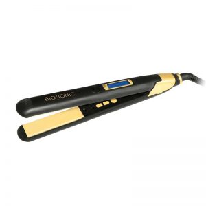 A hair straightener is shown with the gold trim.