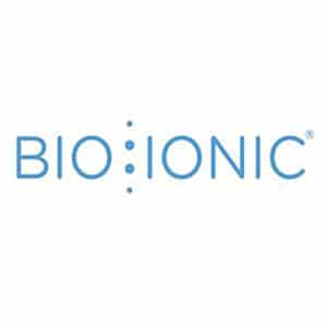 A blue and white logo of bioionic