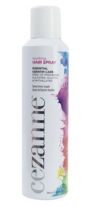 A bottle of hair spray with pink and blue writing.